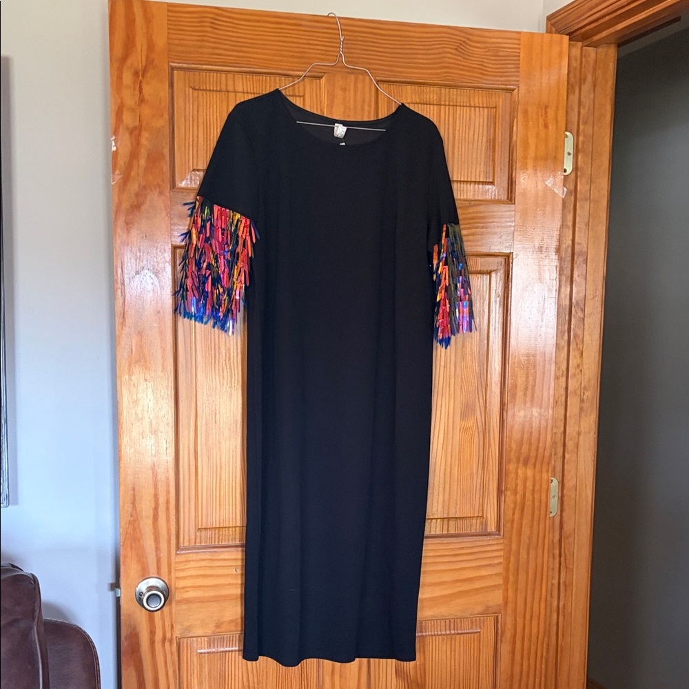 Black Dress with Multicolor Fringe Sleeves